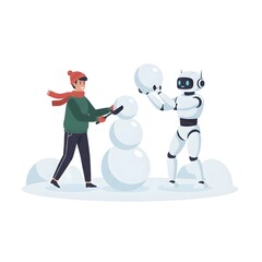 human and robot building a snowman with mechanical arms
