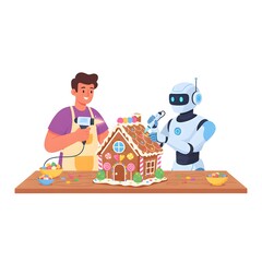 friendly human and companion robot building a gingerbread house with advanced tools