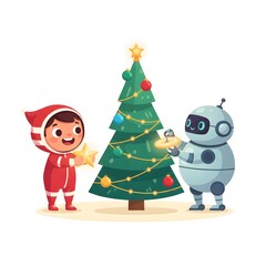 cute human child and friendly robot decorating a futuristic Christmas tree