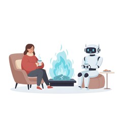 human and robot sitting cozily by a holographic fireplace, drinking futuristic cocoa