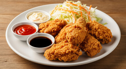 Crispy fried chicken with dipping sauce and coleslaw