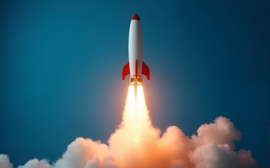 Bright light bulb rocket launches with fiery exhaust smoke on blue background. Innovative concept successful business startup, new project development, big idea generation. Shows creative progress,