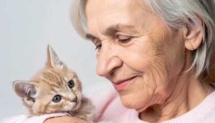Elderly woman bonding with her adorable ginger kitten, a heartwarming moment.