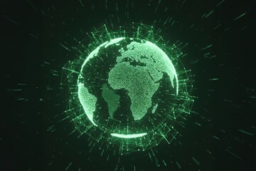 Digital green globe made of glowing particles and connected lines, highlighting Africa and Europe with dynamic light streaks on a dark background.