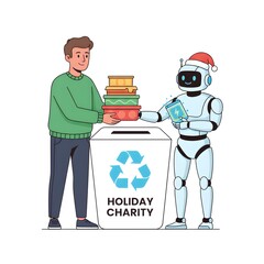 human and robot pair making a donation of food/energy packs to a minimalist charity collection point