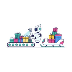 a robot efficiently scanning and sorting Christmas presents onto a self-driving delivery sled