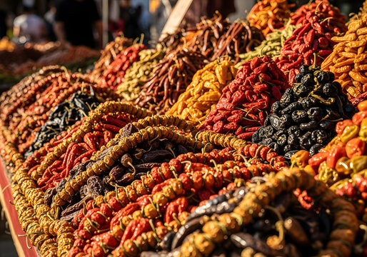 Vibrant colorful dried chili peppers and spices displayed at market