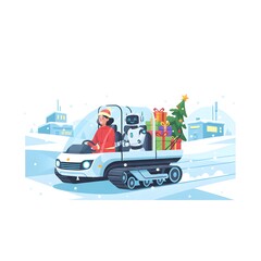 human and robot delivering holiday supplies to a remote outpost via a futuristic snow vehicle