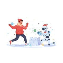 human and robot having a snowball fight with futuristic snowballs