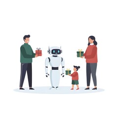 modern family (parents and child) and a domestic robot exchanging Christmas gifts