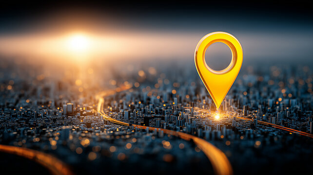 Large golden location pin floating above a modern city to represent navigation apps, local marketing and data driven urban logistics.
