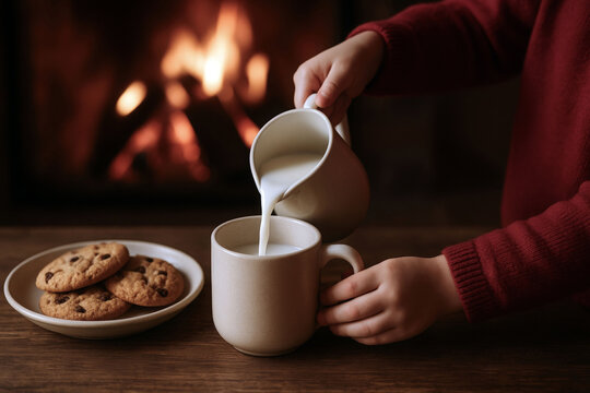 Kid pouring milk from jug into mug with cookies on plate. Warm cozy evening by fireplace for winter holiday or Hygge concept.