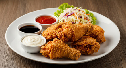 Crispy fried chicken with dipping sauce and coleslaw