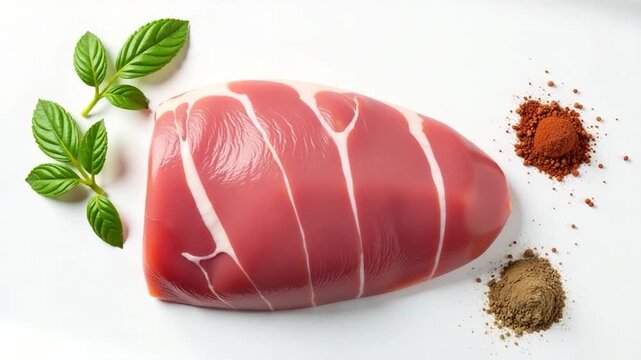 A piece of meat topped with a sprig of fresh basil
