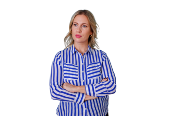 Blonde businesswoman with crossed arms thinking and planning on transparent background, reflecting or contemplating a decision