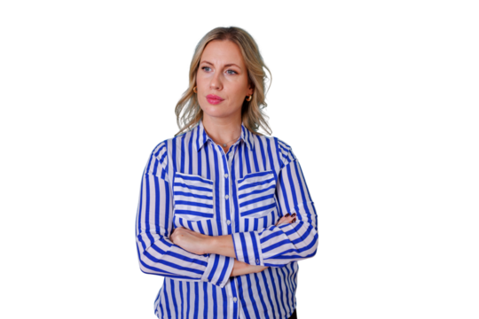 Blonde businesswoman with crossed arms thinking and planning on transparent background, reflecting or contemplating a decision - Powered by Adobe