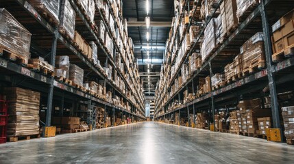 Stunning photo of large, long logistics warehouse filled with boxes, parcels and merchandise.