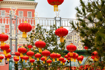 Festive decoration for the Chinese New Year in Moscow. High quality photo. Merry Christmas and Happy New Year