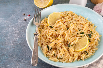 Lemon Orzo Pasta with aromatic herbs and garlic, italian tasty simple pasta recipe, comfort food for lunch or dinner