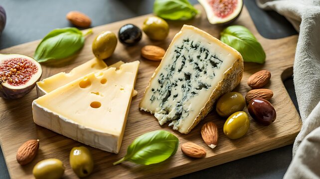 Gourmet cheese platter with blue cheese brie cheese figs olives almonds and basil leaves arranged on a wooden serving board