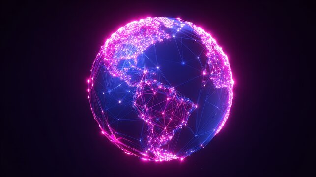Vibrant globe with neon data lines and glowing points showing global connectivity, digital networks, and communication across continents, representing technology, innovation, and futuristic ideas
