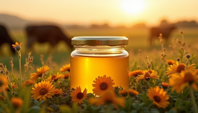 Glass jar of golden ghee among vibrant flowers in a sunlit field with grazing cows in the background. Organic branding, farm-to-table, wellness, rural lifestyle.