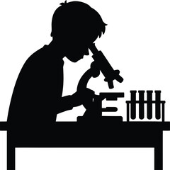 A silhouette of a young scientist diligently working with a microscope