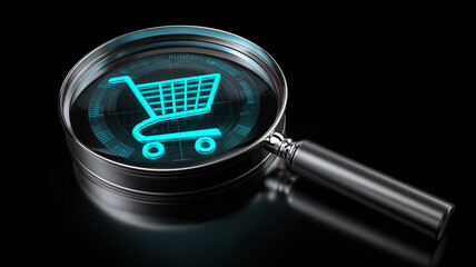 Ecommerce intelligence concept showing a magnifying glass focused on a digital shopping cart icon, representing product discovery, retail analytics