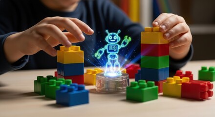 Child s hands building with colorful blocks and holographic robot toy