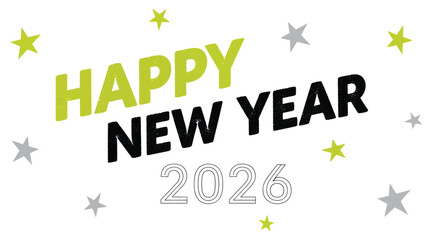 Happy new year 2026 text with stars, isolated on