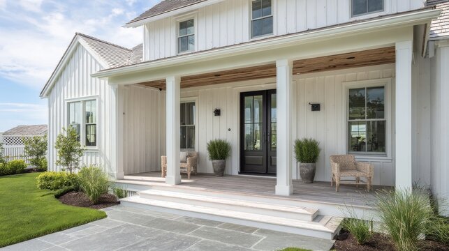 Stunning photo of modern beach coastal veranda porch french door entrance chic white paint natural Hamptons luxury farmhouse entrance patio house cottage vibes contemporary Cape.