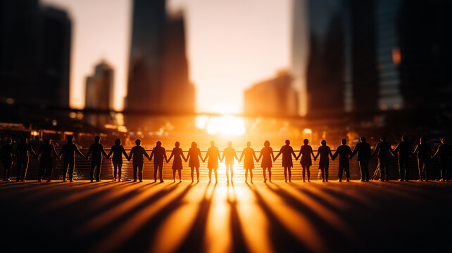 Community unity scene of many people standing hand in hand across a city bridge at sunrise, symbolizing social solidarity, shared purpose, human connection and collective hope for a better future.
