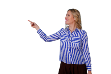 Woman smiling and pointing finger to side, presenting or indicating something on transparent background