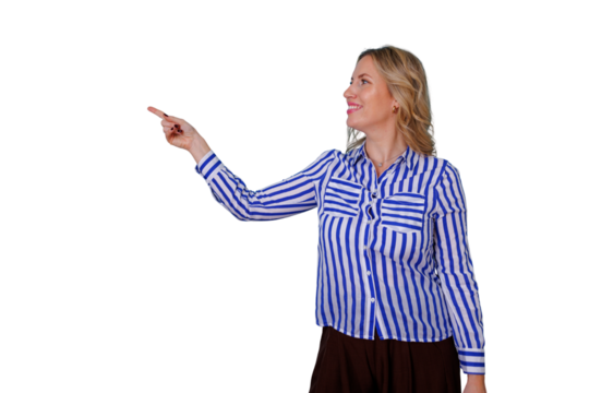 Woman smiling and pointing finger to side, presenting or indicating something on transparent background - Powered by Adobe