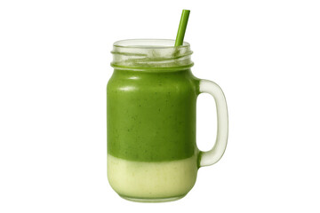 Refreshing layered green smoothie in a mason jar with a straw, promoting healthy detox and wellbeing on transparent background