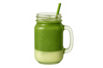 Refreshing layered green smoothie in a mason jar with a straw, promoting healthy detox and wellbeing on transparent background
