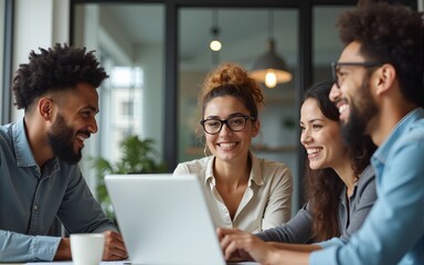 Successful teamwork in a diverse office: Colleagues smiling and talking in a productive meeting. High quality