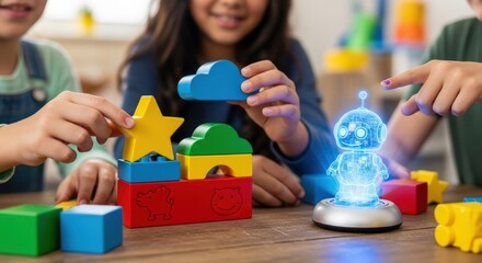 Children happily building with colorful educational toys and a glowing robot