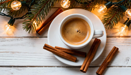 Cup of espresso surrounded by cinnamon sticks and Christmas lights. Festive coffee mood.