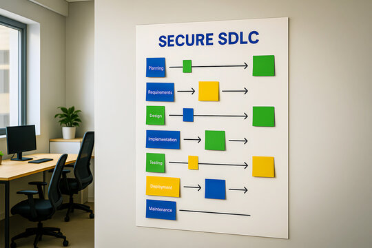 Secure SDLC diagram on a whiteboard in a modern office