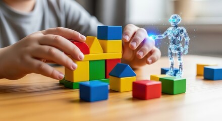Childs hands building colorful blocks near futuristic robot toy