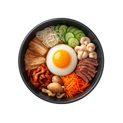 Delicious bibimbap korean mixed rice with meat vegetables and fried egg recipe bowl on transparent background