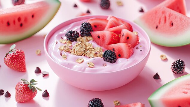 A pink bowl filled with creamy yogurt topped with fresh watermelon triangles, blackberries, raspberries, strawberries, and crunchy granola clusters on a soft pink background