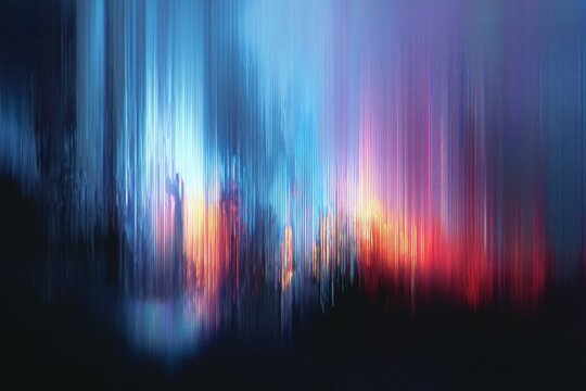 Abstract neon city lights streaks on a grainy blue and red screen with vertical lines