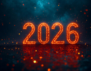 Vibrant, sparkling 2026 number design glowing orange against a dark, smoky, and reflective background. Perfect for New Year's Eve, celebrations, and future-focused marketing.
