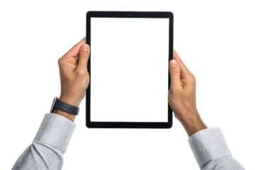 Hands holding blank digital tablet screen vertically, presenting website, app, or technology mockup. Copy space template for electronic device design. Isolated on transparent background, png