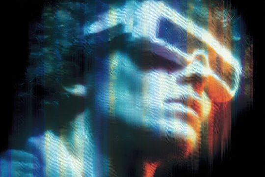 Glitched holographic avatar wearing VR glasses in neon, abstract digital art scene - Powered by Adobe