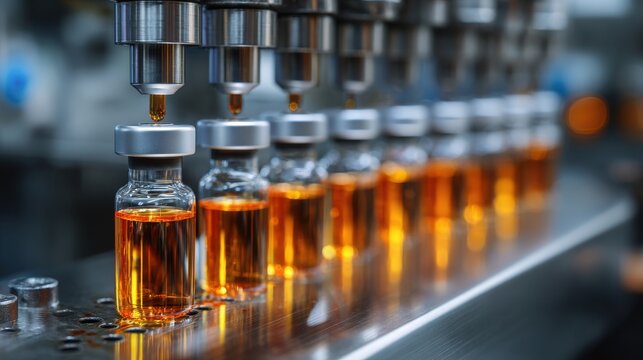Stunning photo of pharma plant automated production line fills sterile vials with amber liquid. Health care industry medicine manufacturing filling equipment facility ensures.