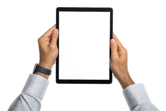 Hands holding blank digital tablet screen vertically, presenting website, app, or technology mockup. Copy space template for electronic device design. Isolated on transparent background, png
