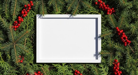 Blank white square frame surrounded by green fir branches and red berries